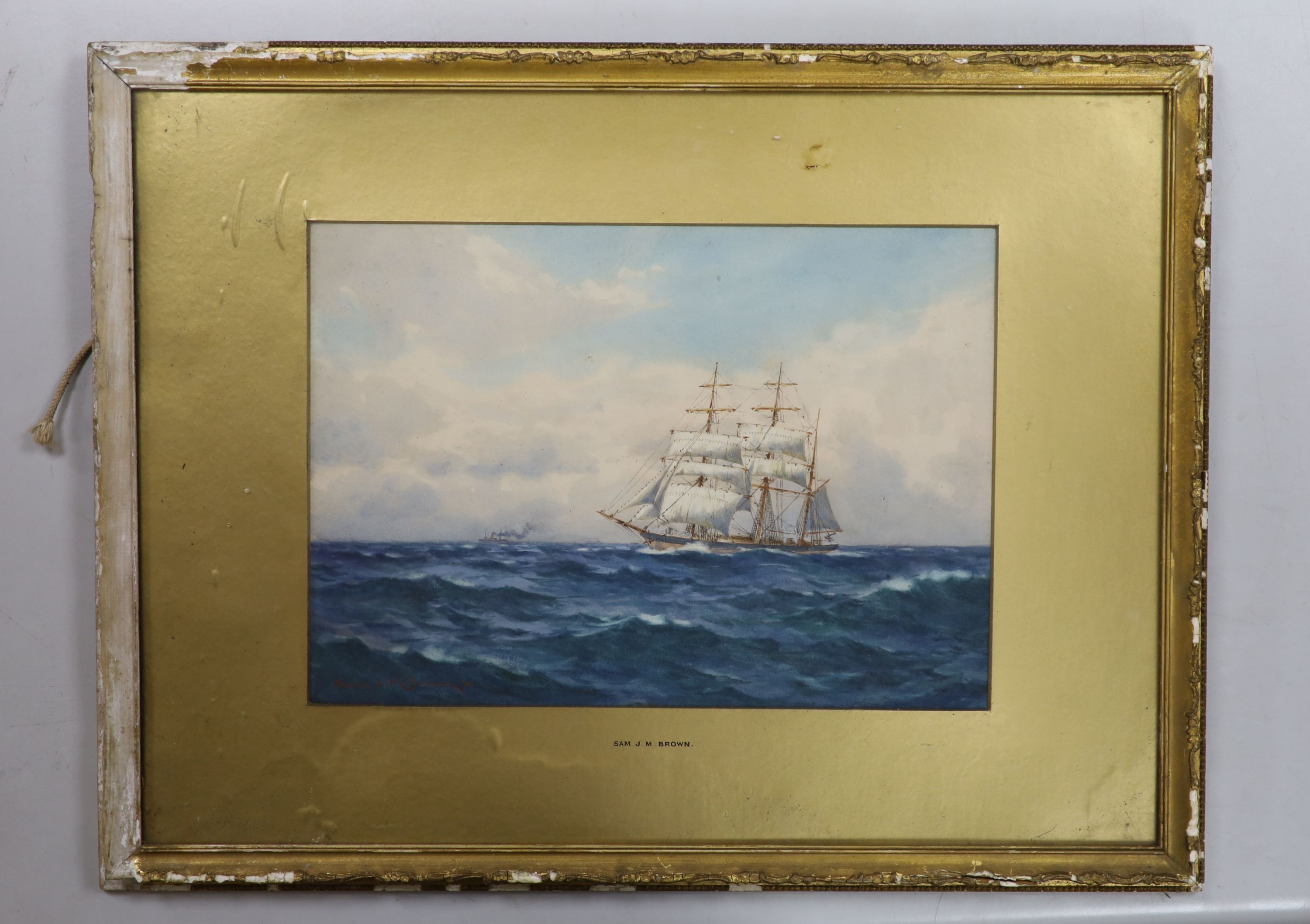 Samuel John Milton Brown (1873-1965), watercolour, Clipper and steamer at sea, signed, 25 x 35cm